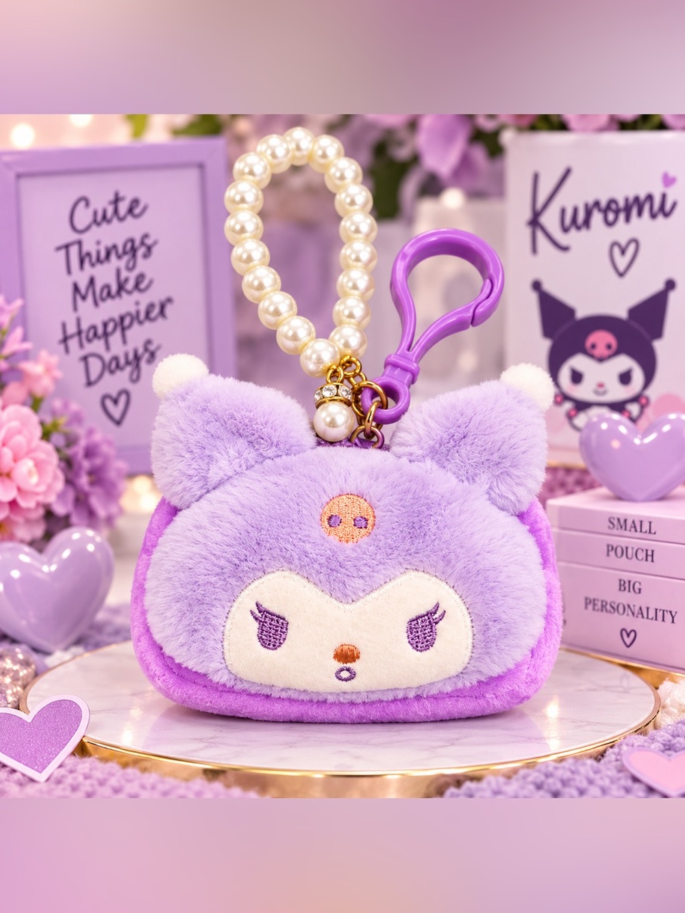 Kuromi Plush Coin Purse Mini Pouch Pearl Wristlet Keychain Clip Purple NWOT